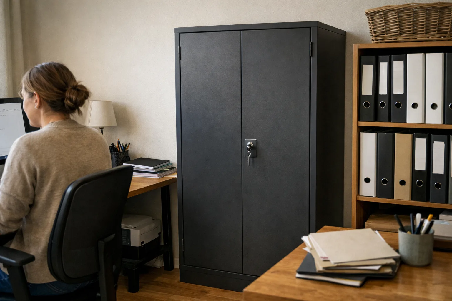 Smalt låsbart stålskåp i ett litet kontor.