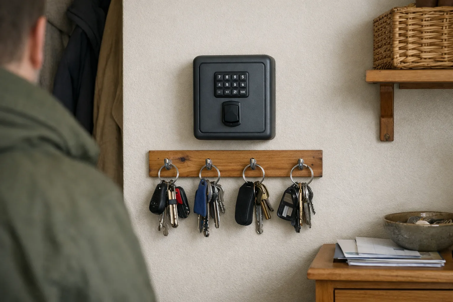 Nyckelskåp med kodlås på en vägg i en hall.